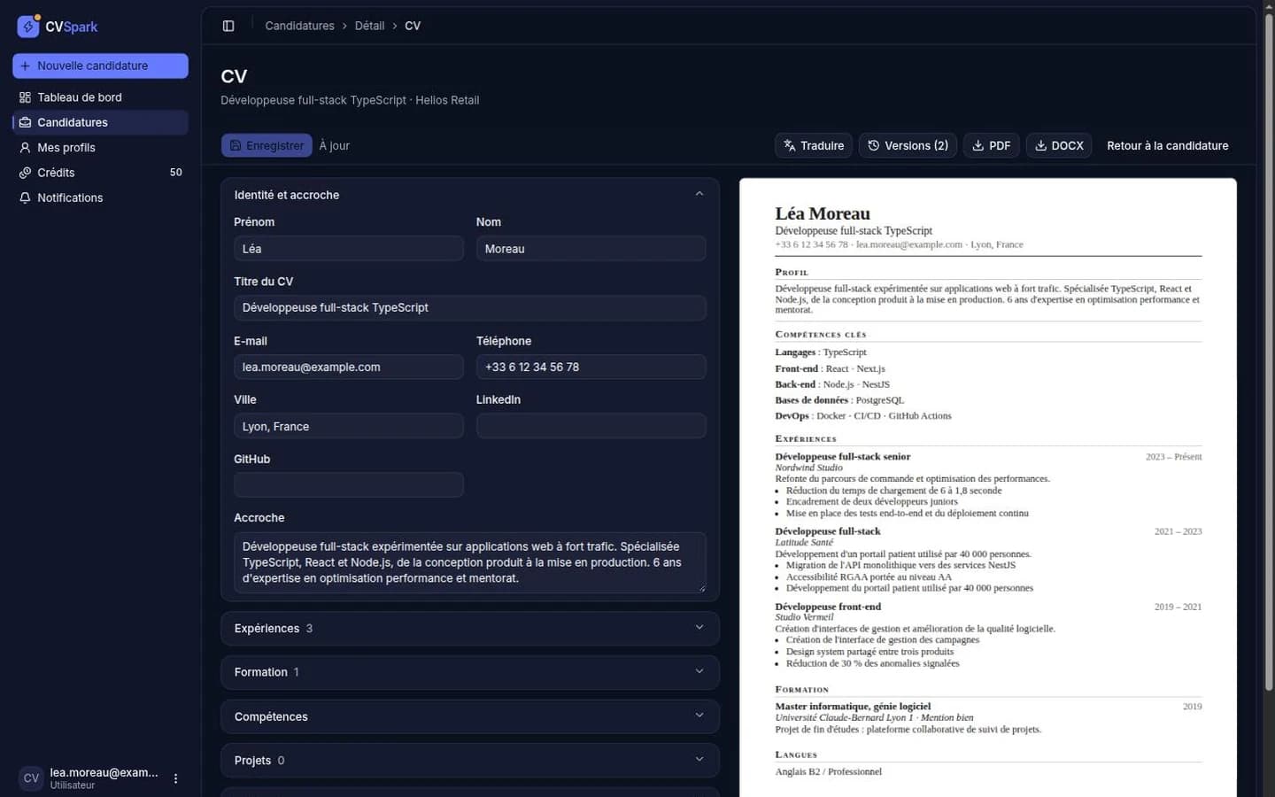 Éditeur de CV CVSpark : formulaire à gauche, aperçu A4 du CV adapté à droite