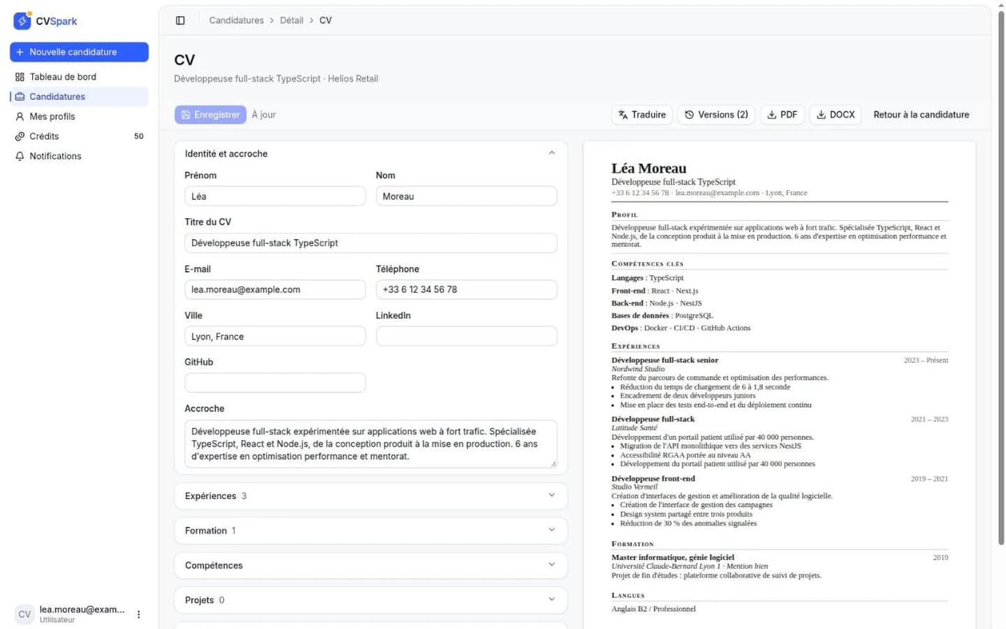 Éditeur de CV CVSpark : formulaire à gauche, aperçu A4 du CV adapté à droite